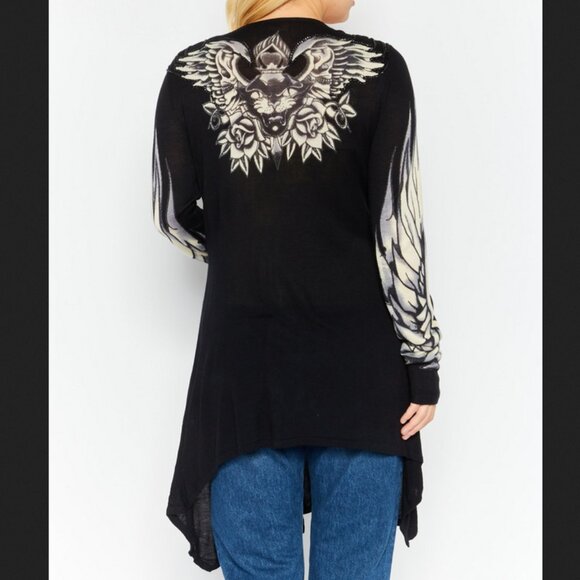 🖤 Christian Audigier Tattoo Wings Chains Drape Cardigan Skull Panther Siize L - Picture 3 of 15
